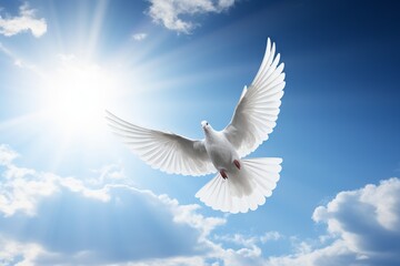 Fototapeta premium Whispers of Peace: A White Dove Flying in the Blue Sky, Generative AI