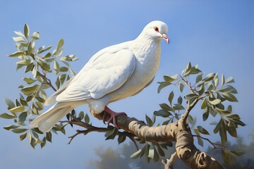 Whispers of Peace: White Dove on a Branch of a Crimson Tree, Generative AI
