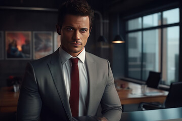 Fototapeta premium A handsome man in a suit in the office. AI generative.