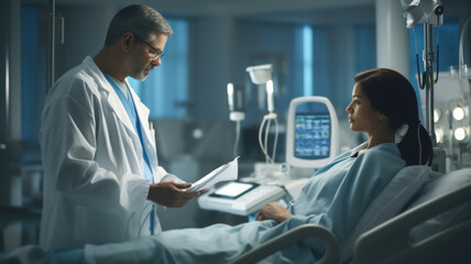 Obraz premium Doctor delivering bad news of the diagnosis of the illness to a middle-aged patient in a hospital bed.