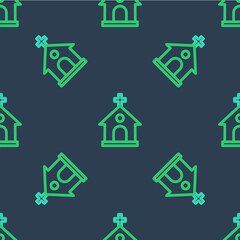 Line Church building icon isolated seamless pattern on blue background. Christian Church. Religion of church. Vector