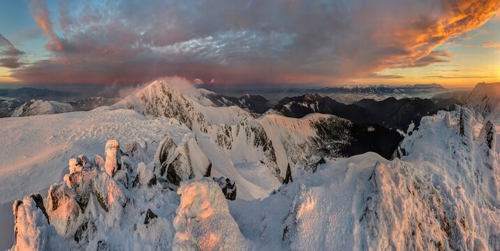 Beautiful, dramatic sunrise in the snowy mountains. Winter Slovakia mountain - Low Tatras from Dumbier, Chopok.