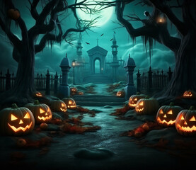 Fototapeta na wymiar Spooky haunted forest with halloween Jack O' Lantern pumpkins on a halloween night