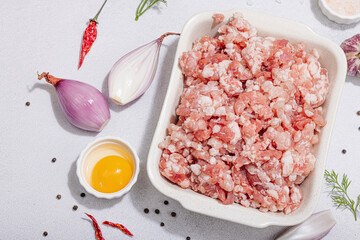 Raw minced meat, spices and herbs. Traditional ingredients for cooking cutlets or meatballs
