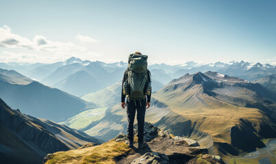 a hiker standing at the peak of a mountain with a backpack