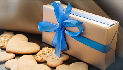 christmas cookies and box, A gift box with a blue ribbon and some cookies, wallpaper. Png, Ai Generate 