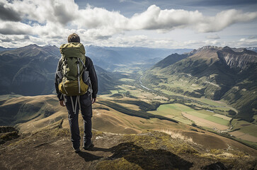 Fototapeta premium a hiker standing at the peak of a mountain with a backpack