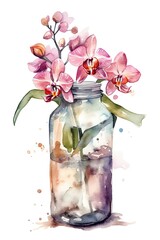 Beautiful watercolors of glass vases with different types of flowers