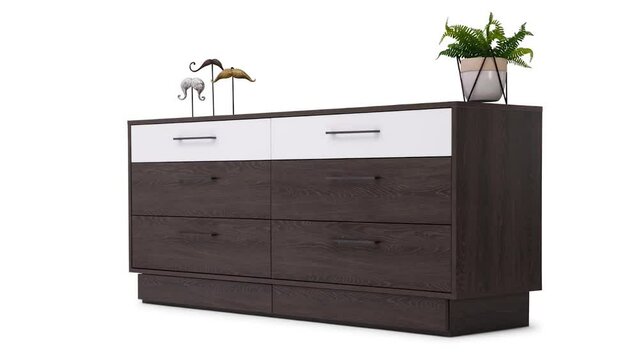 A stop motion video demonstration of a drawer feature on a expresso color wooden furniture bedroom dresser with pressure fit hinges against a white background.
