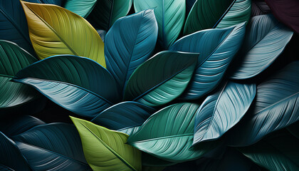 Multicolor leaves background...Plants and leaves of the Amazonian vegetation...Tropical Design - Eco and Tropical Leaves in Vibrant Tones. Generative AI,
