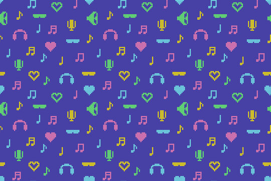 Abstract pixel 90s style seamless pattern of vibrant multicolored retro icons from nineties on blue background