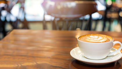 Hot art Latte Coffee in a cup on wooden table and Coffee shop blur background with bokeh image