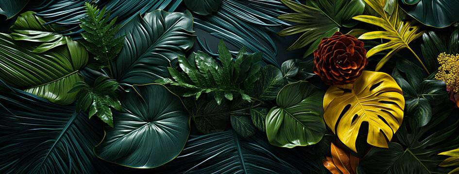 Plants and leaves of the Amazonian vegetation...Vertical garden with tropical green leaf contrast...Tropical Design - Eco and Tropical Leaves in Vibrant Tones. Generative AI,