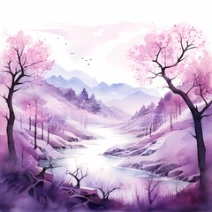 watercolor painting with hills and trees