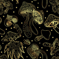 Magic mushrooms golden seamless pattern. Psychedelic hallucination. 60s hippie colorful art. Vintage psychedelic textile, fabric, wrapping, wallpaper. Vector repeating illustration.
