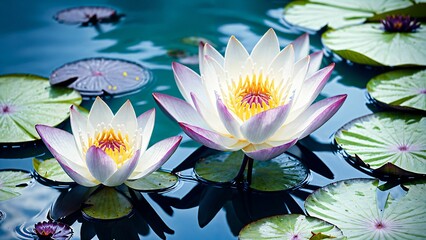 Close-Up of a Beautiful Waterlily Flower in the Bluish Waters ai generated