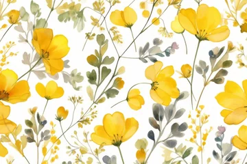 Foto op Canvas Yellow flowers watercolor seamless patterns. Generative AI © KaterynaVS