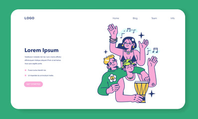 Fototapeta premium Retreat activity web banner or landing page. Young people in beachwear