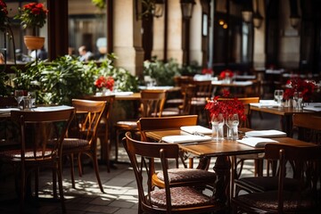 Fototapeta na wymiar Tables and chairs in a restaurant setting, Generative Ai