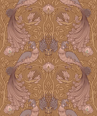 Floral vintage seamless pattern wit birds for retro wallpapers. Enchanted Vintage Flowers. Arts and Crafts movement inspired. Design for wrapping paper, wallpaper, fabrics and fashion clothes. - obrazy, fototapety, plakaty