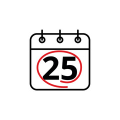 Calendar day flat vector icon. Special day marked on the calendar. Calendar icon vector illustration for websites and graphic resources, Day 25.