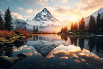 Fototapeta na wymiar Tranquil Mountain Lake at Sunrise, Generative AI