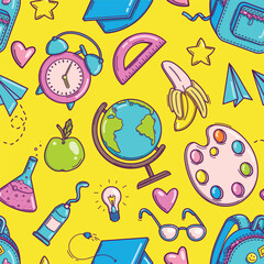 Bright seamless pattern with school supplies and creative elements in doodle style on yellow background. Back to school background