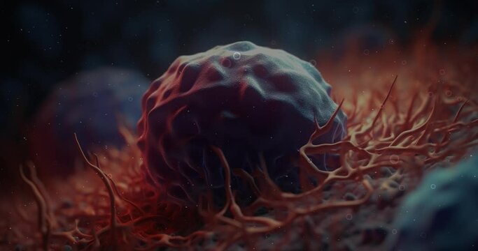 A cancer cell with a yellow glow, Video Concept of cancer cell attacking body cell. 