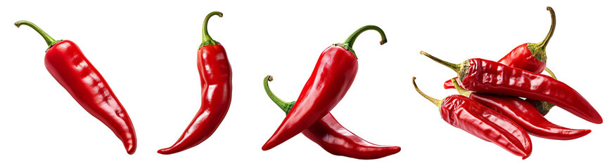 Chili peppers set. A bunch of chili peppers, red and hot peppers. Isolated on a transparent background. KI. - obrazy, fototapety, plakaty