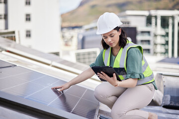 Solar panel, engineering ot woman with a tablet for planning, renewable energy or research....