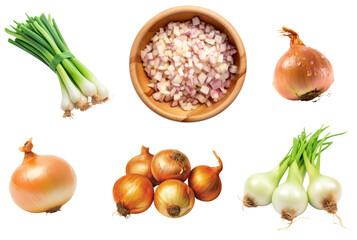 Onion set. Onion close up. Several onions are in a pile. Onion with green feathers. Chopped onion in a bowl. Isolated on a transparent background. KI. - obrazy, fototapety, plakaty