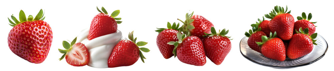 Bio strawberries close up. Strawberries in cream. Strawberries on a plate. Strawberry set. Isolated on a transparent background. KI.