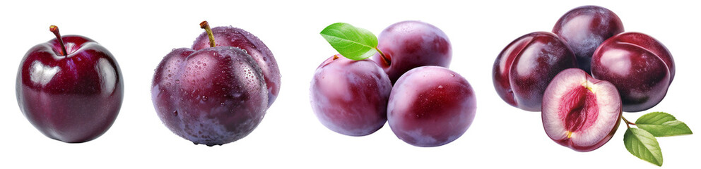 Ripe plum. Cross-section of country plums. Plums set. Plum close-up. Isolated on a transparent background. KI.