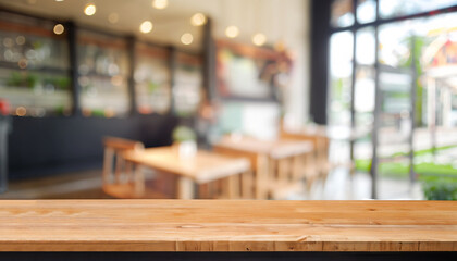 Wooden board empty Table Top And Blur Interior over blur in coffee shop Background, Mock up for display of product.