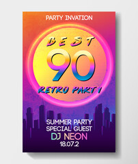 Rave party Flyer design template set in 1980s style. Retro Futurism. Vector futuristic synth wave illustration. 80s Retro poster Background with Night City Skyline.