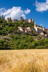 Fototapeta na wymiar Montbrun-les-Bain medieval village in summer. The Provence hilltop village is located in Baronnies Provencales Regional Nature Park. Drome, France