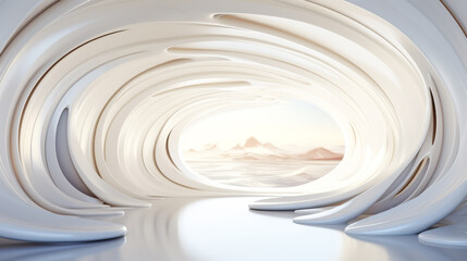 Incredible white fantasy interior background. Smooth lines, curves, space. AI generation