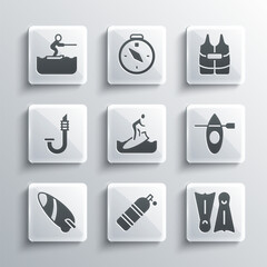 Set Aqualung, Flippers for swimming, Kayak and paddle, Surfboard, Snorkel, Water skiing man and Life jacket icon. Vector