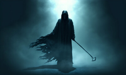 ghost fear horror hood evil creepy halloween night death skeleton. Generative AI.