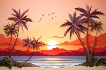 Fototapeta na wymiar Paper cut art sunset on paradise view. Beautiful illustration picture. Generative AI