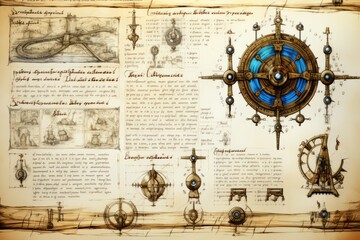 Parchment with sketches of medieval futuristic drawings. Beautiful illustration picture. Generative AI