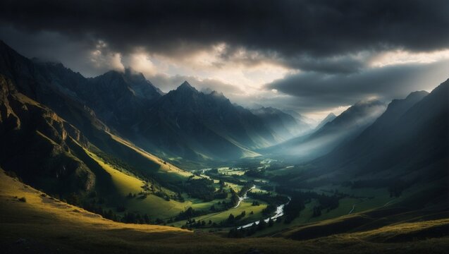 a beautiful and epic photo of a green mountain valley view on a cloudy day
