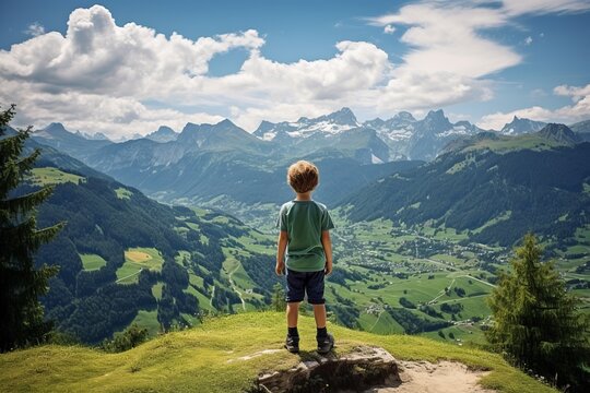 One boy in t-shirt standing and looking at majestic view. Beautiful illustration picture. Generative AI