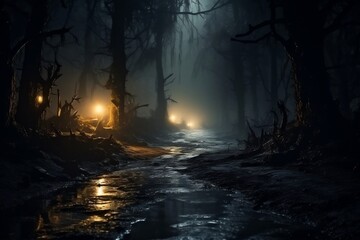 A rural muddy path leading to a misty and foggy landscape, Generative Ai