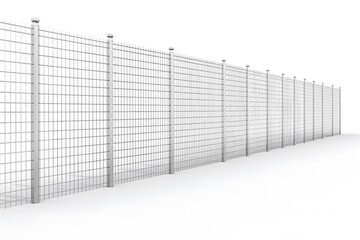 Long wires fencing with metal poles isolated on white. Generative AI.