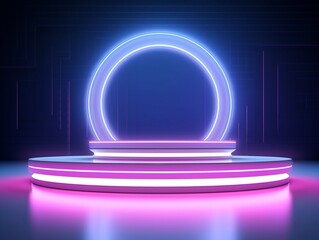 Beautiful futuristic modern podium with textured white wall and neon backlight generative ai