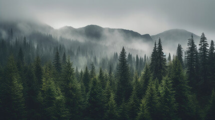 Mystic Forest Veiled in Fog