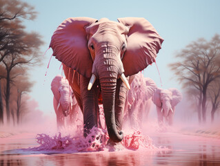 A hyper-realistic photo showcases Africa's pink elephants. Generative AI.