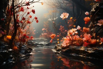 Flowers on the river. Beautiful illustration picture. Generative AI