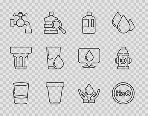 Set line Glass with water, Chemical formula for H2O, Big bottle clean, Water filter cartridge, tap, Washing hands soap and Fire hydrant icon. Vector